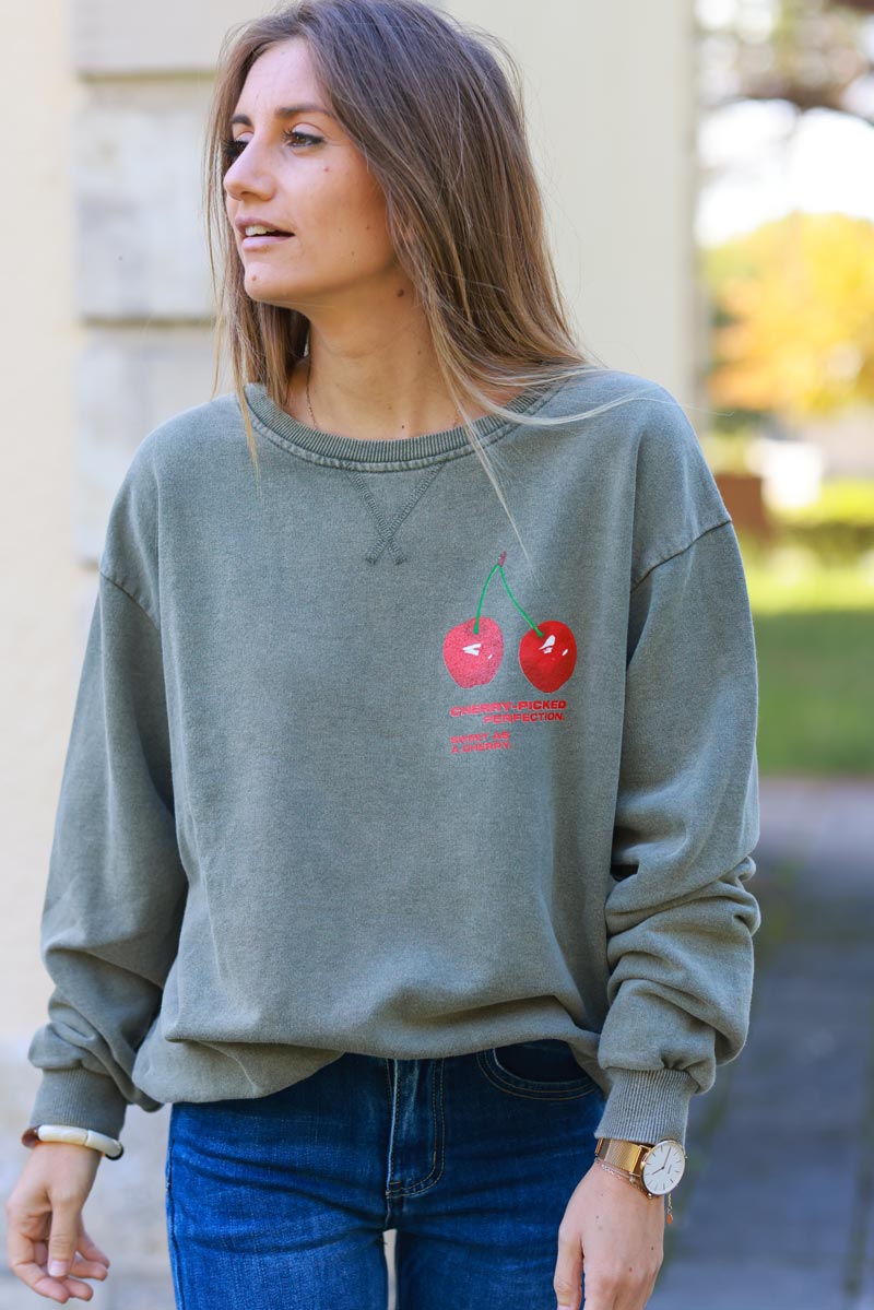 Cherry Perfection Khaki Cotton Pullover Sweater