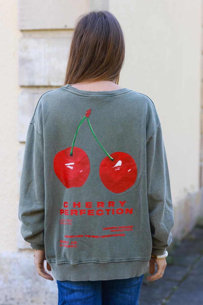 Sweat loose kaki délavé logo cerise Cherry perfection