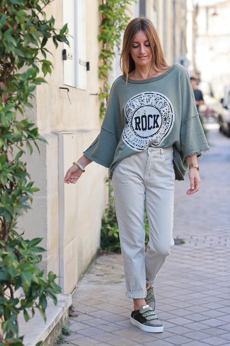 Batwing khaki sweatshirt with leopard rock logo