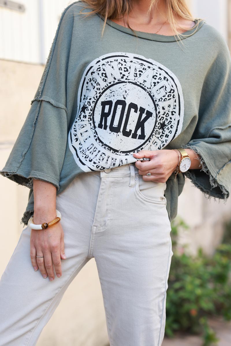 Batwing khaki sweatshirt with leopard rock logo