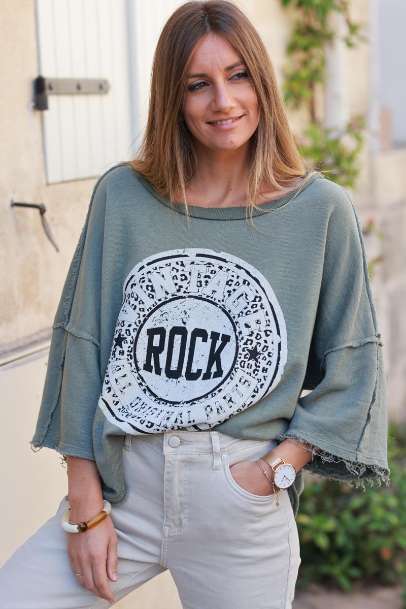 Sweat loose kaki logo rock léopard manches chauve souris finitions franges