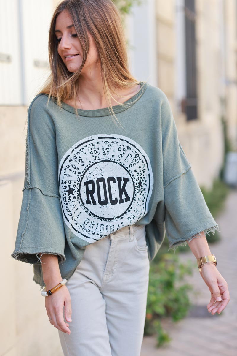 Batwing khaki sweatshirt with leopard rock logo