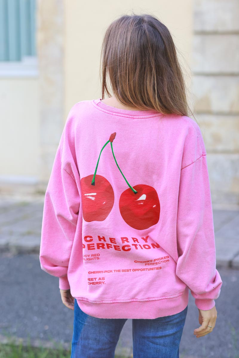 Sweat loose rose délavé logo cerise Cherry perfection