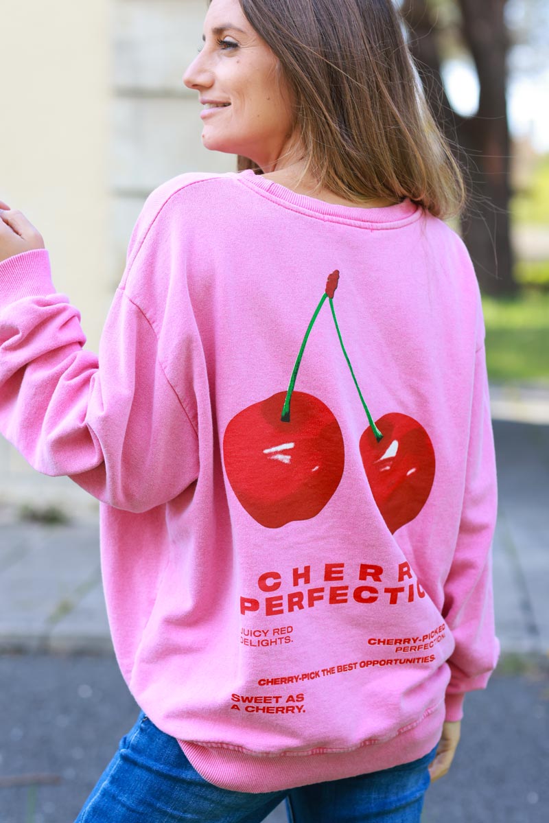 Sweat loose rose délavé logo cerise Cherry perfection