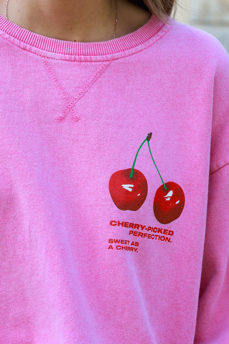 Sweat loose rose délavé logo cerise Cherry perfection