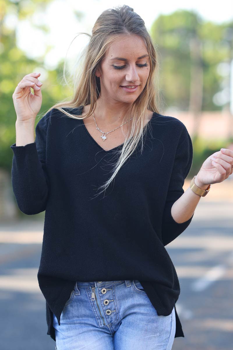 Black soft basic V neck sweater