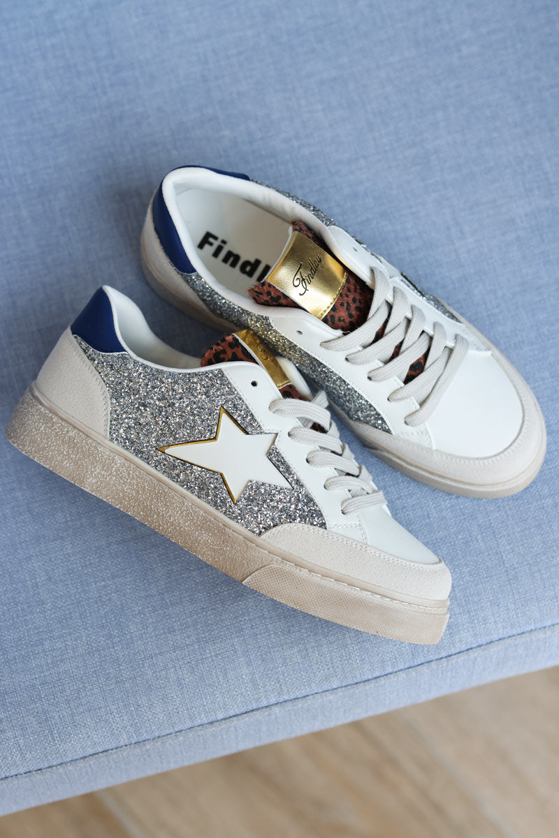 White and silver glitter sneakers with white star and leopard tongue