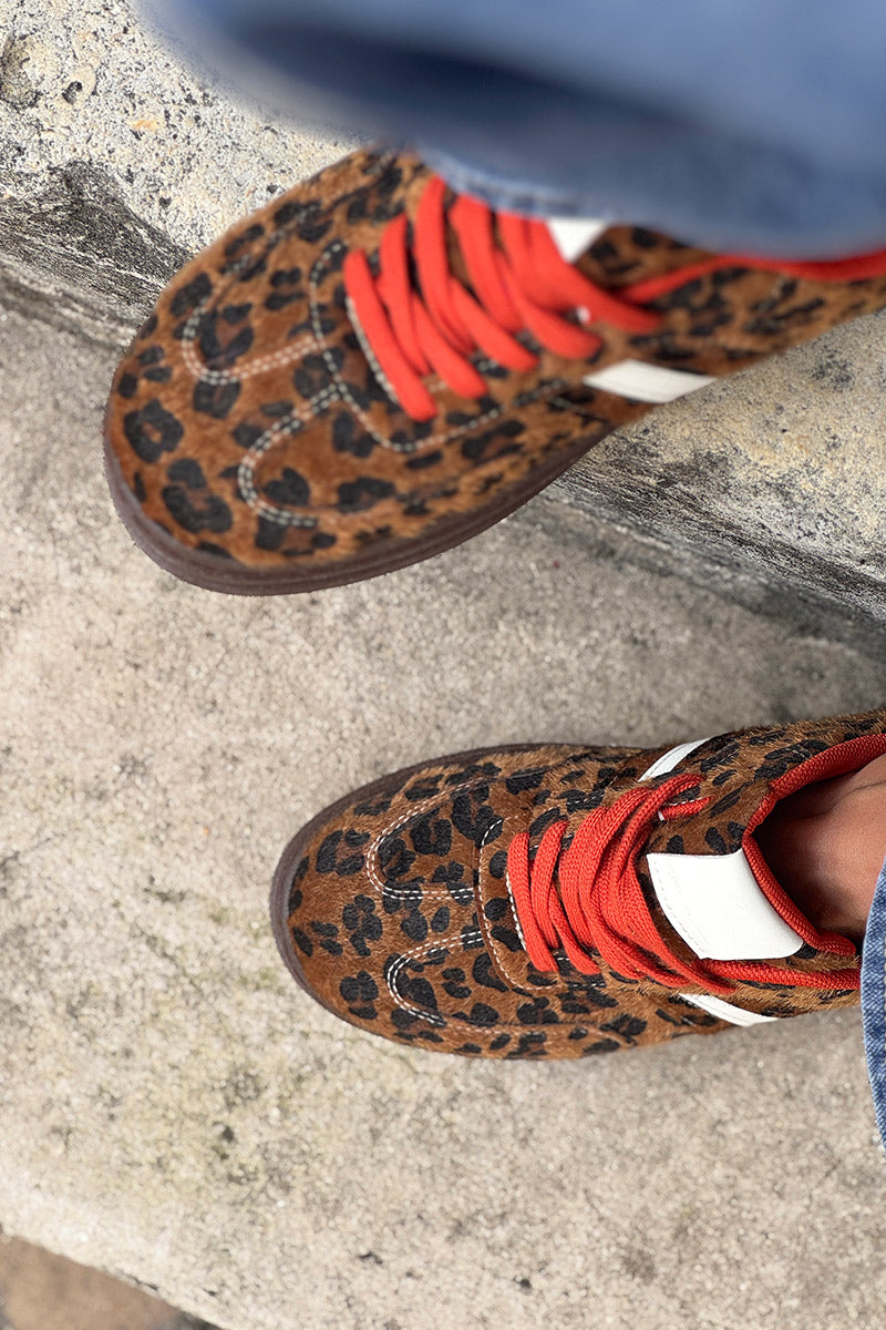 Leopard Faux Fur and Leatherette Sport Stripe Sneakers
