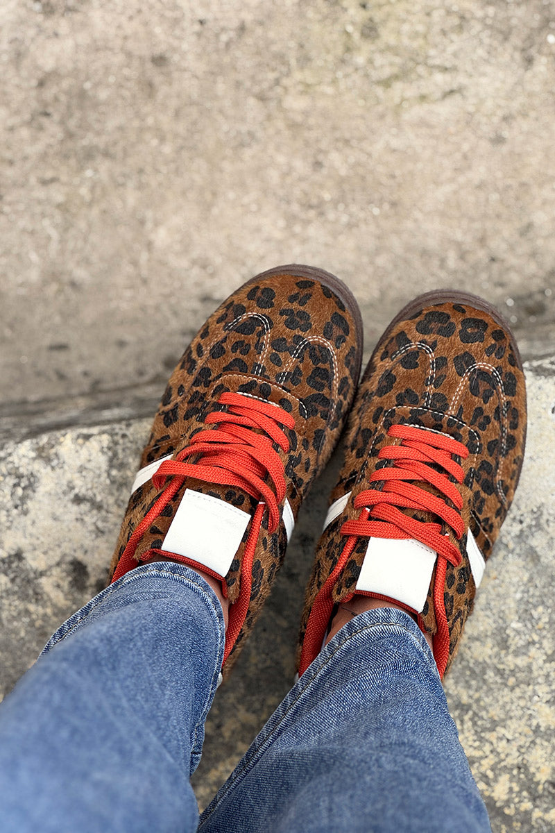 Leopard Faux Fur and Leatherette Sport Stripe Sneakers
