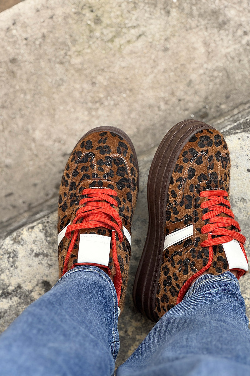 Leopard Faux Fur and Leatherette Sport Stripe Sneakers

