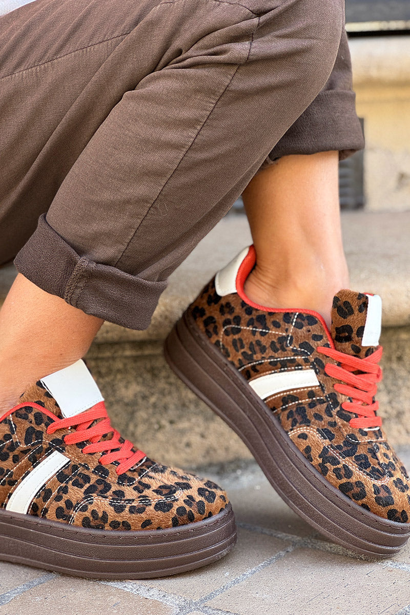 Leopard Faux Fur and Leatherette Sport Stripe Sneakers

