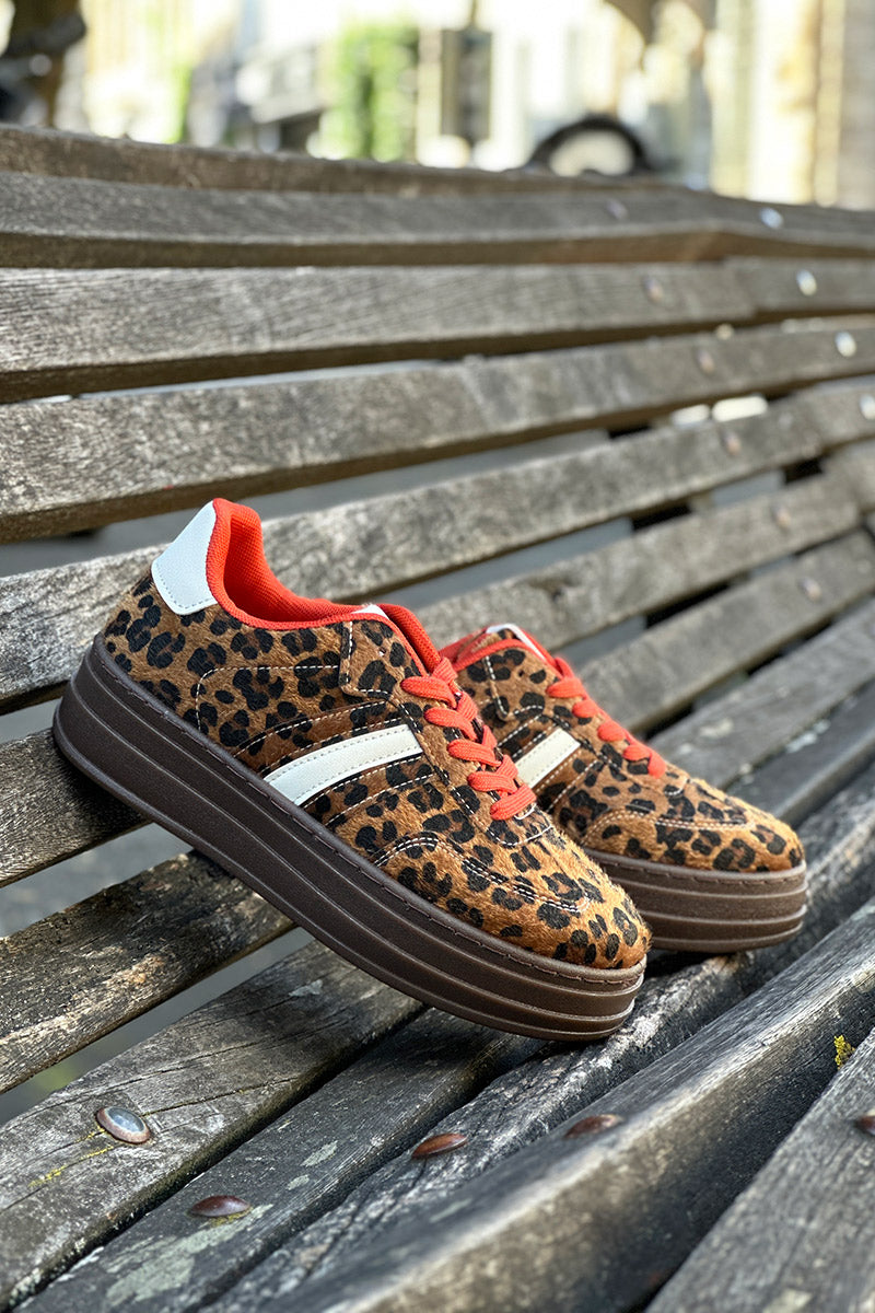 Leopard Faux Fur and Leatherette Sport Stripe Sneakers
