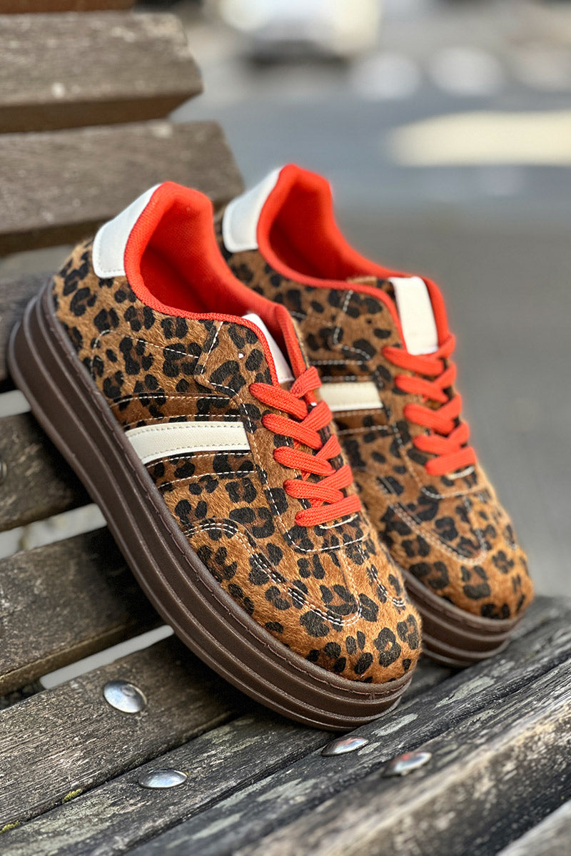 Leopard Faux Fur and Leatherette Sport Stripe Sneakers
