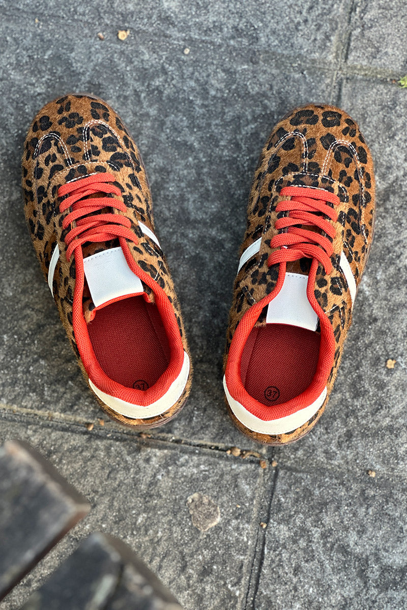 Leopard Faux Fur and Leatherette Sport Stripe Sneakers
