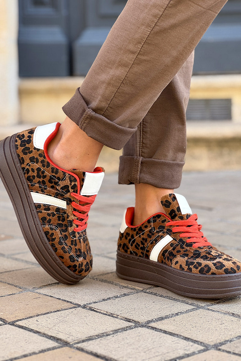 Leopard Faux Fur and Leatherette Sport Stripe Sneakers

