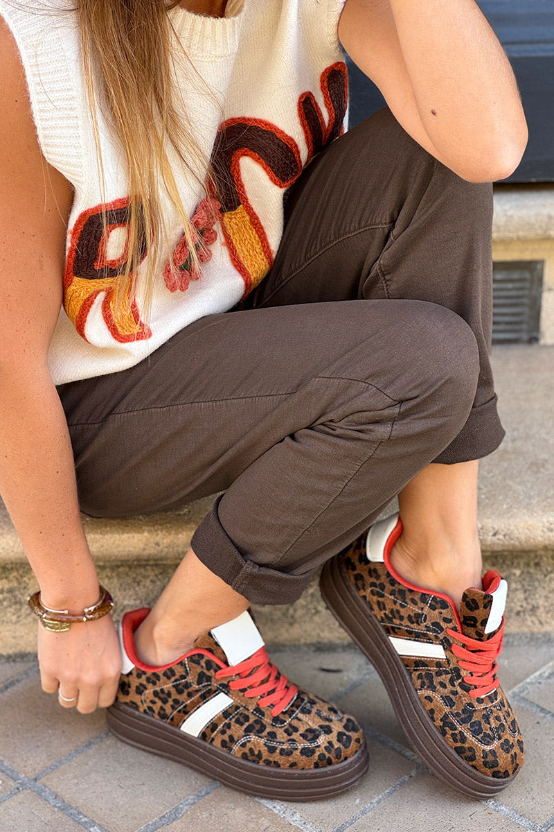 Leopard Faux Fur and Leatherette Sport Stripe Sneakers
