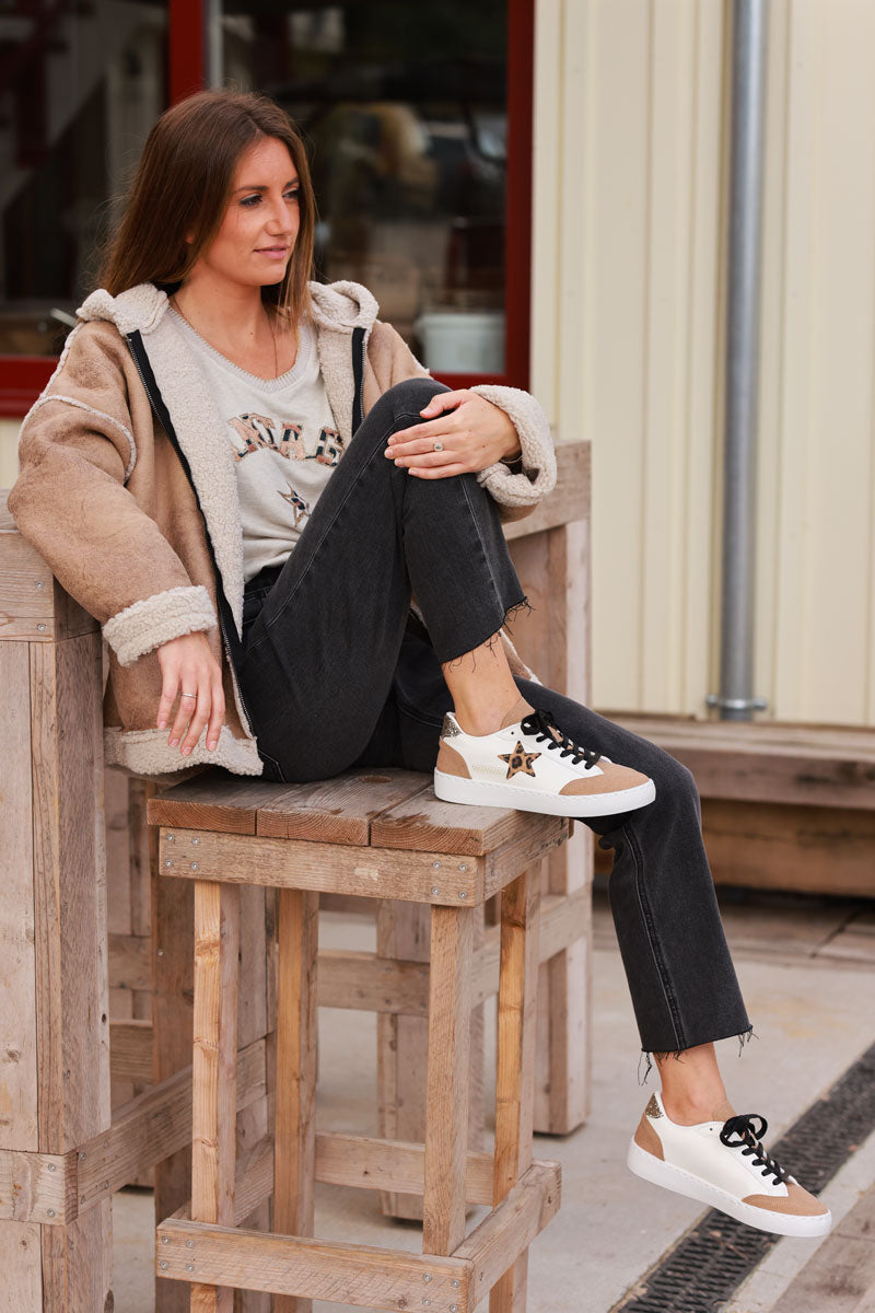 Brown and White Vegan Leather Leopard Star Skate Shoes