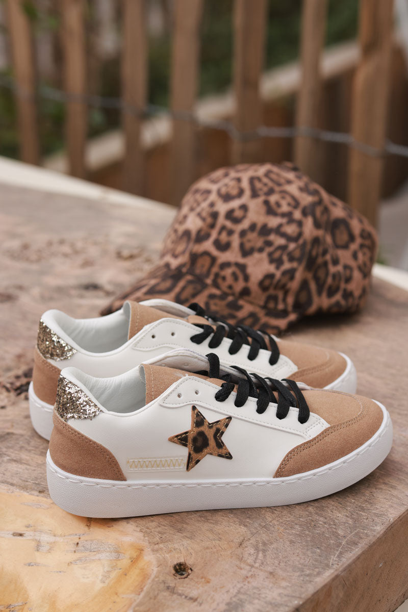 Brown and White Vegan Leather Leopard Star Skate Shoes