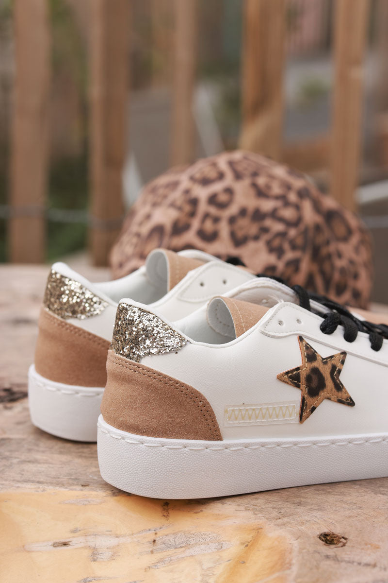 Brown and White Vegan Leather Leopard Star Skate Shoes