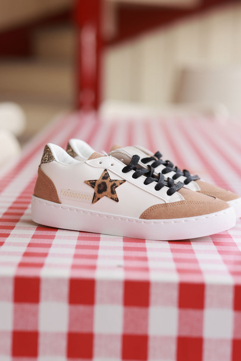 Brown and White Vegan Leather Leopard Star Skate Shoes