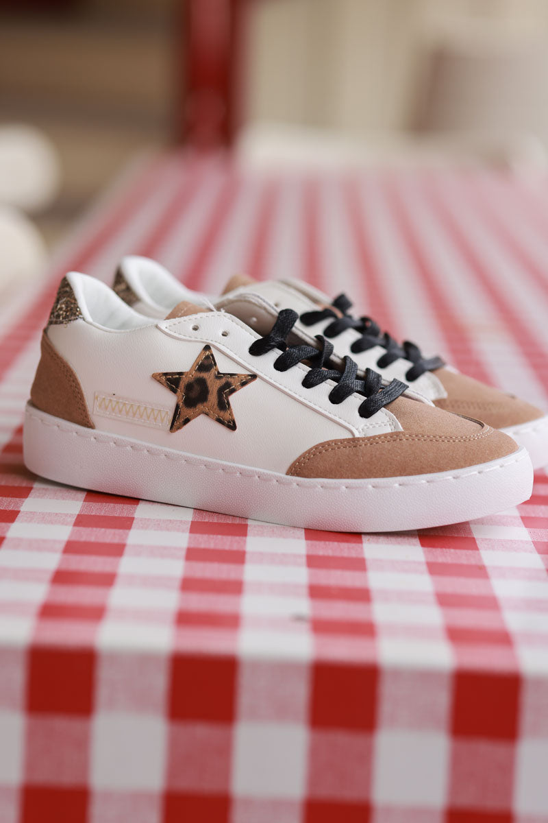 Brown and White Vegan Leather Leopard Star Skate Shoes