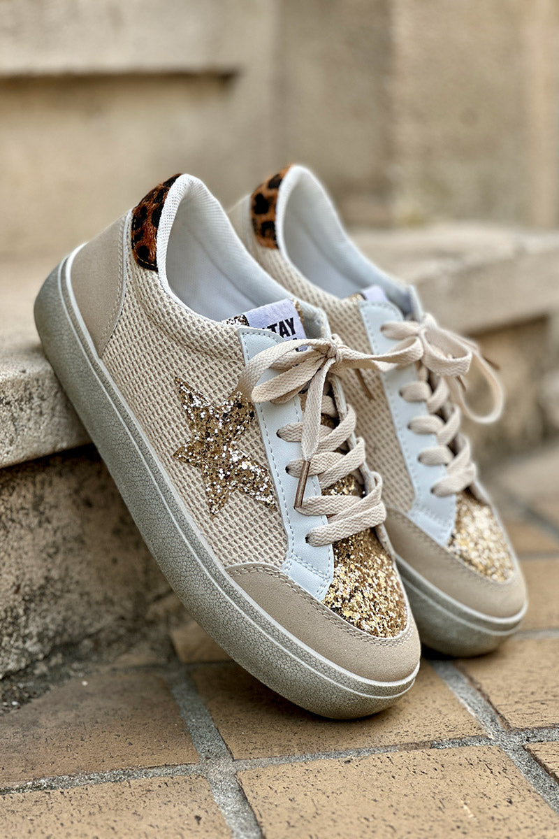 Tennis beige détail corde et léopard étoile et languette en paillettes dorées
