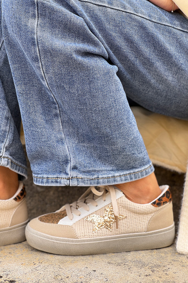 Tennis beige détail corde et léopard étoile et languette en paillettes dorées