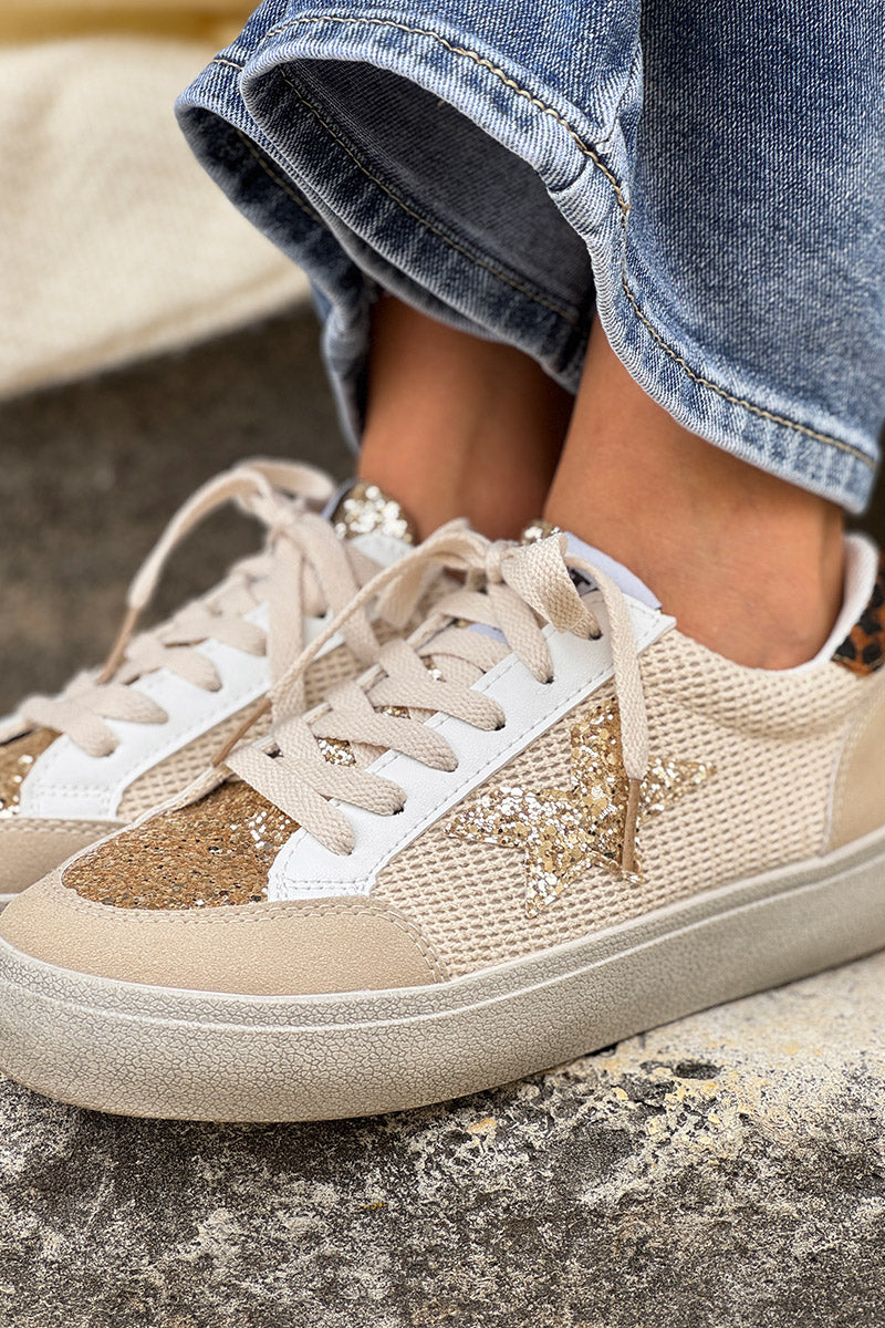 Tennis beige détail corde et léopard étoile et languette en paillettes dorées
