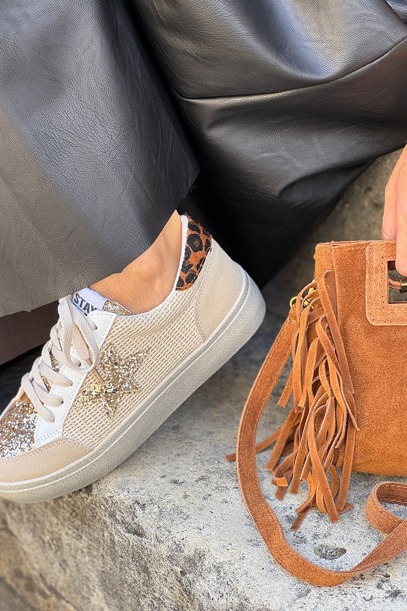 Tennis beige détail corde et léopard étoile et languette en paillettes dorées