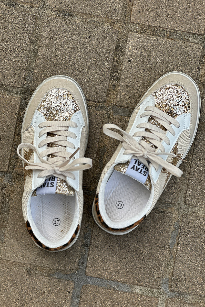 Tennis beige détail corde et léopard étoile et languette en paillettes dorées