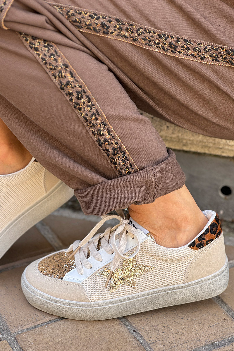 Tennis beige détail corde et léopard étoile et languette en paillettes dorées