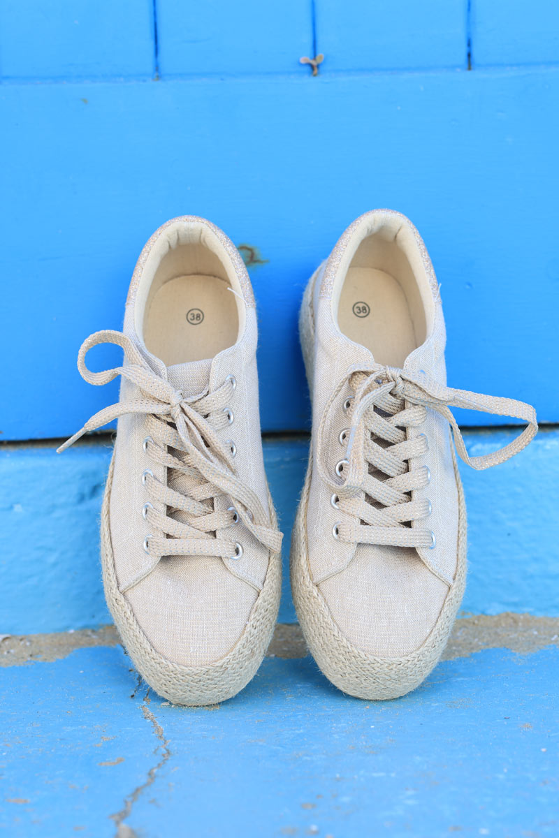 Beige flatform espadrille style trainers with gold flowers