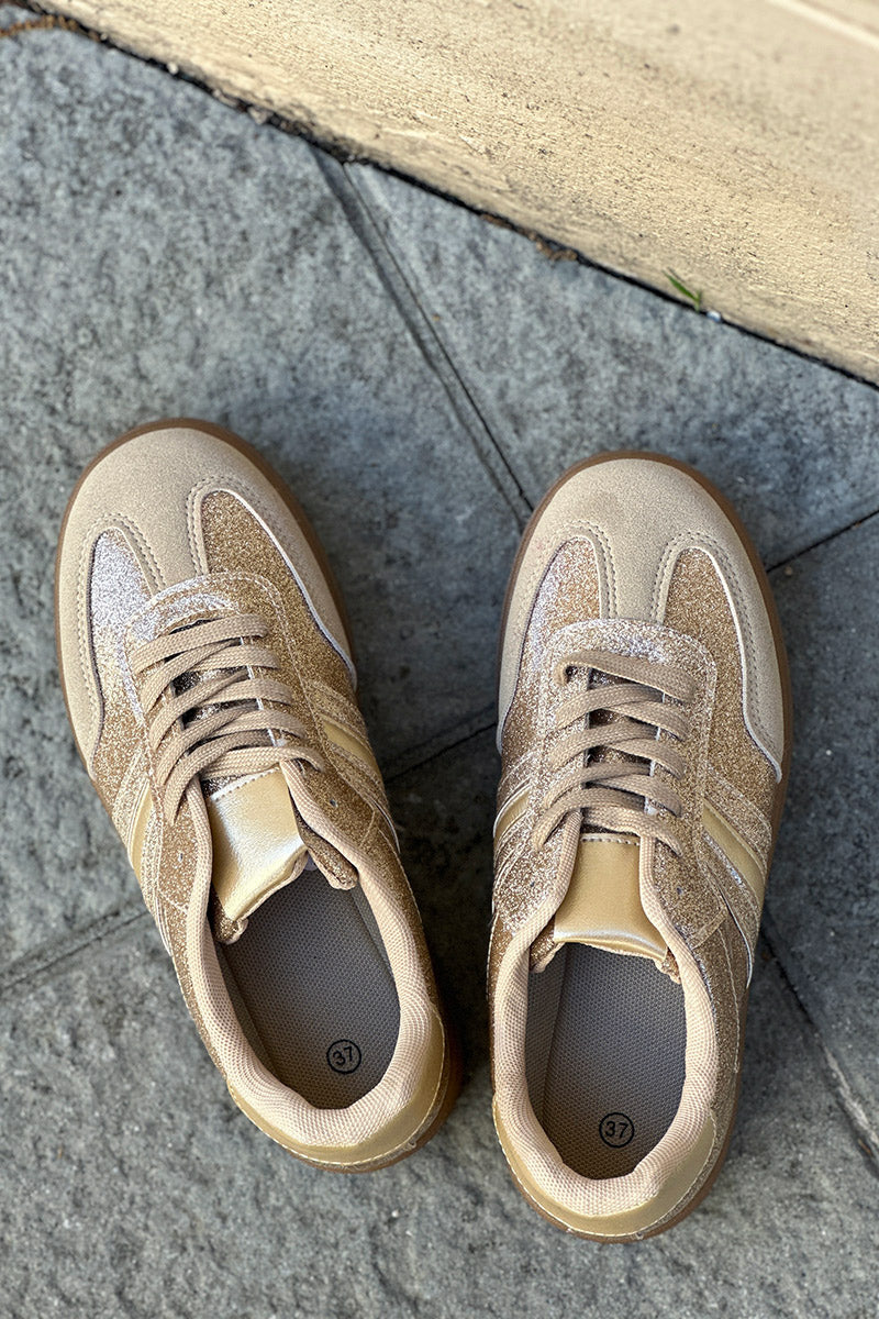 Tennis beige et paillettes dorées à plateforme rayure gold