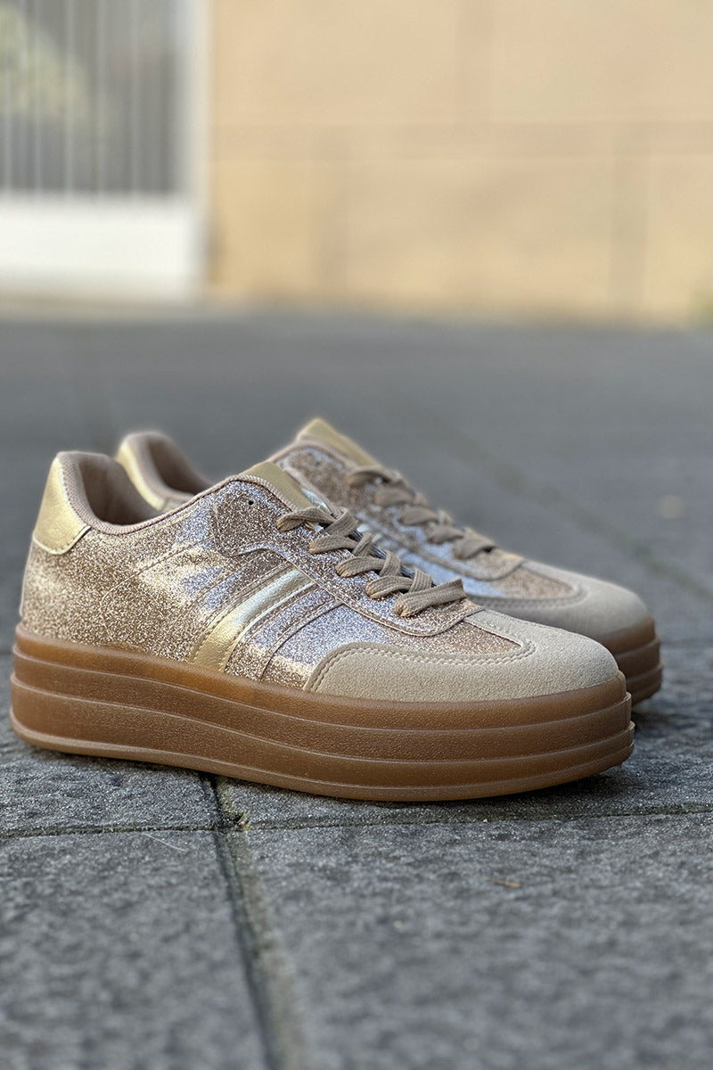 Tennis beige et paillettes dorées à plateforme rayure gold