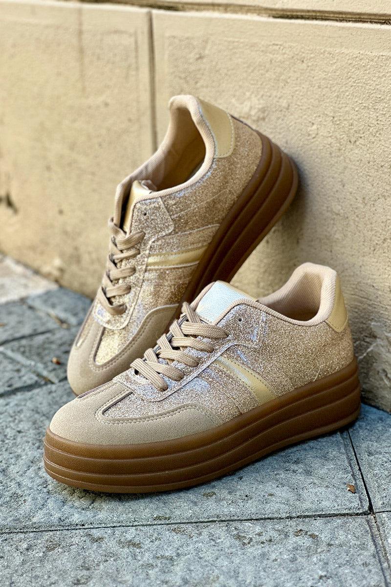 Tennis beige et paillettes dorées à plateforme rayure gold