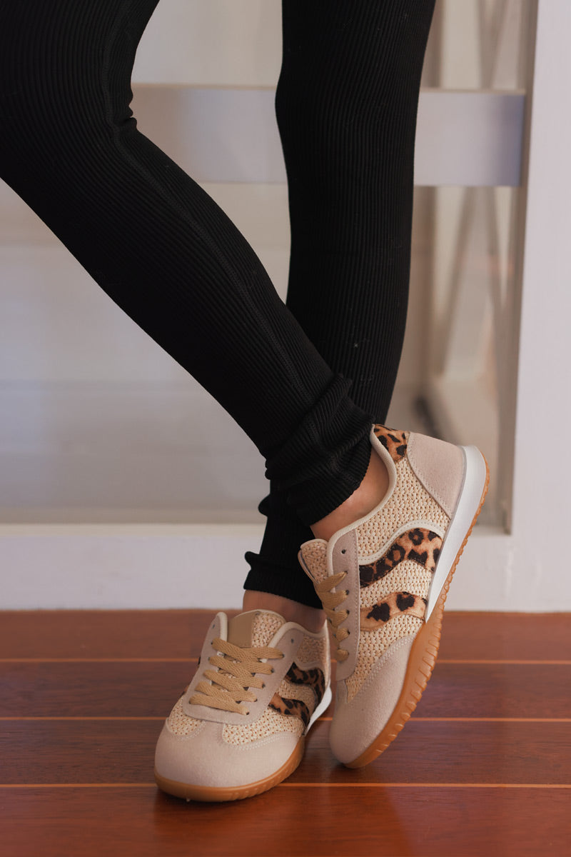 Taupe Rattan and Leopard Sneakers