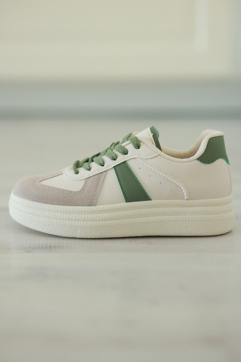 White and Olive Vegan Leather Platform Sneakers