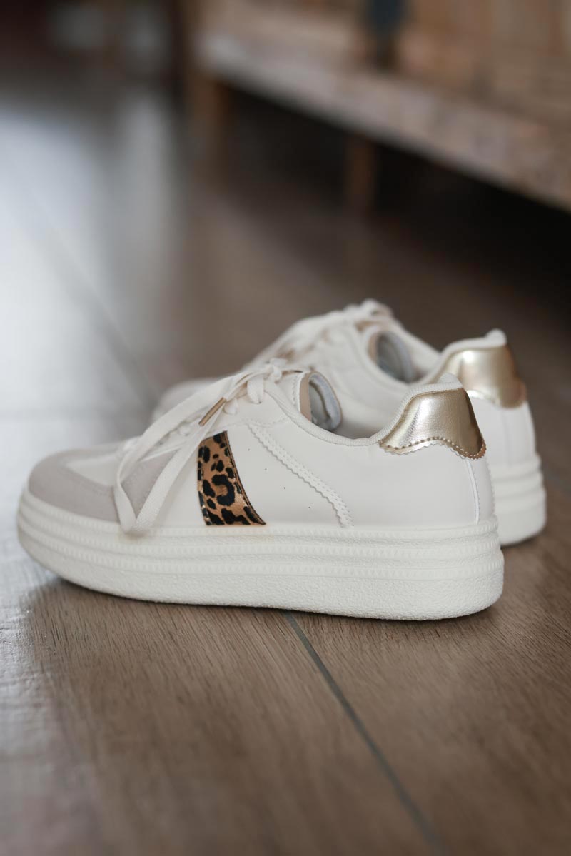 Leopard Stripe White and Grey Vegan Leather Platform Trainers