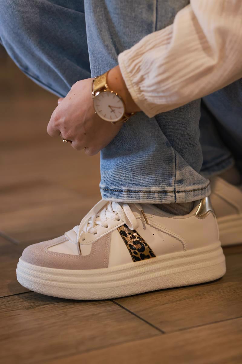 Leopard Stripe White and Grey Vegan Leather Platform Trainers