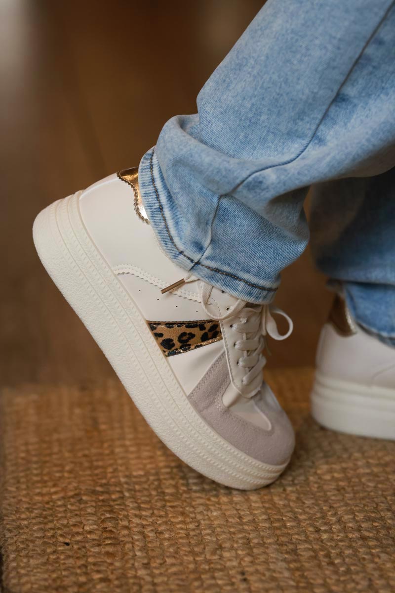 Leopard Stripe White and Grey Vegan Leather Platform Trainers