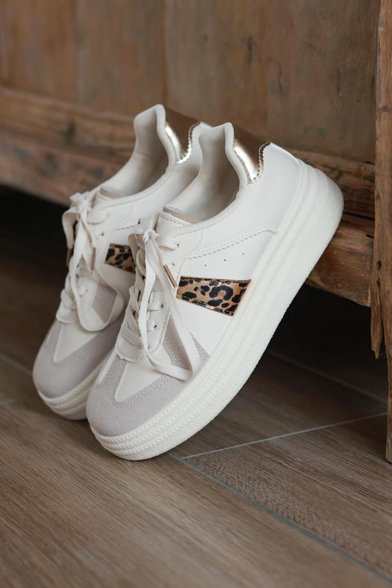 Leopard Stripe White and Grey Vegan Leather Platform Trainers