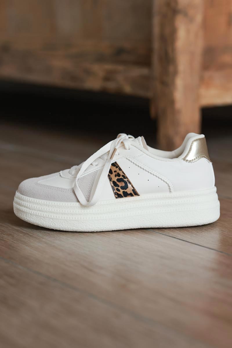 Leopard Stripe White and Grey Vegan Leather Platform Trainers