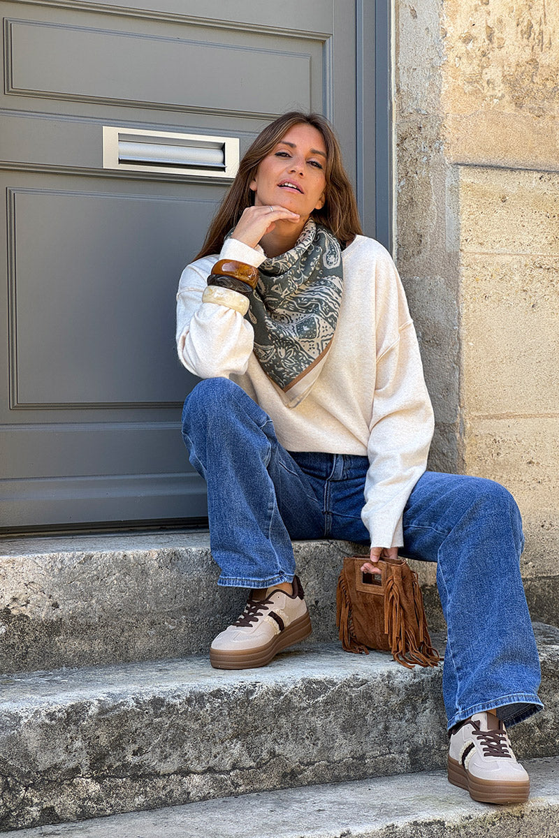 Tennis beige rayures marron en moumoute lacets chocolat