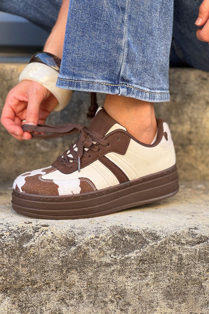 Chocolate Cow Print Stripe Sneakers