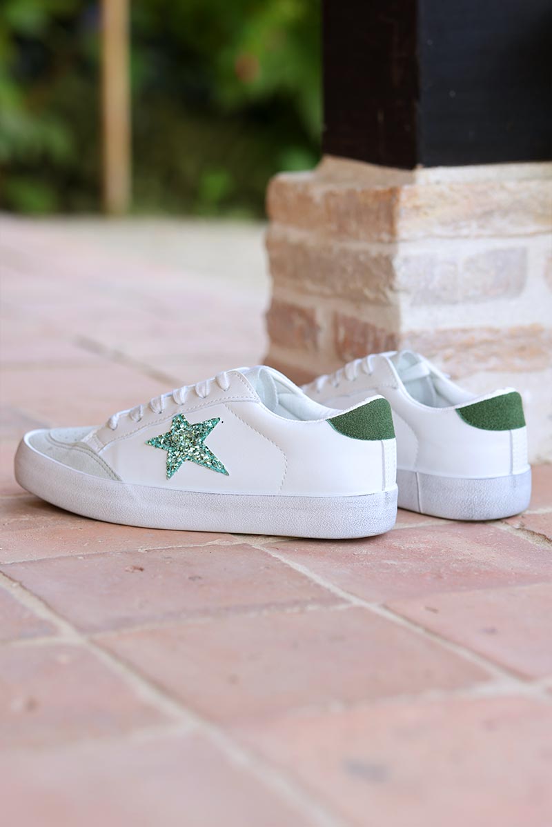 White trainers with water green glitter star Horizons Lointains