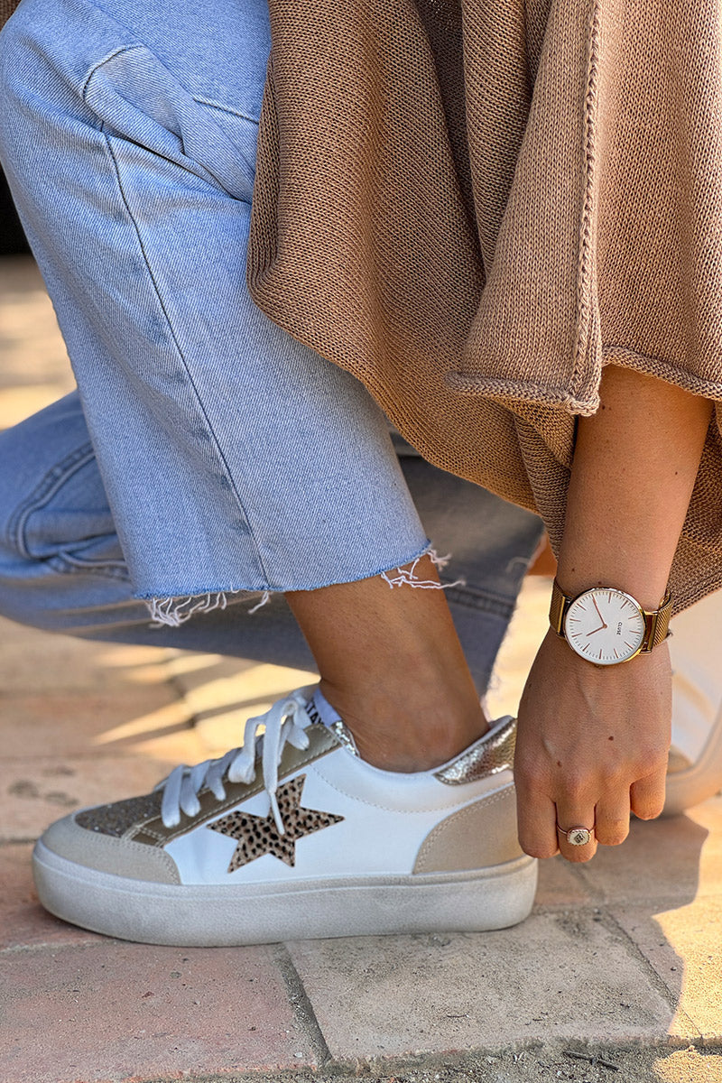 White Leopard Star Glitter Sneakers
