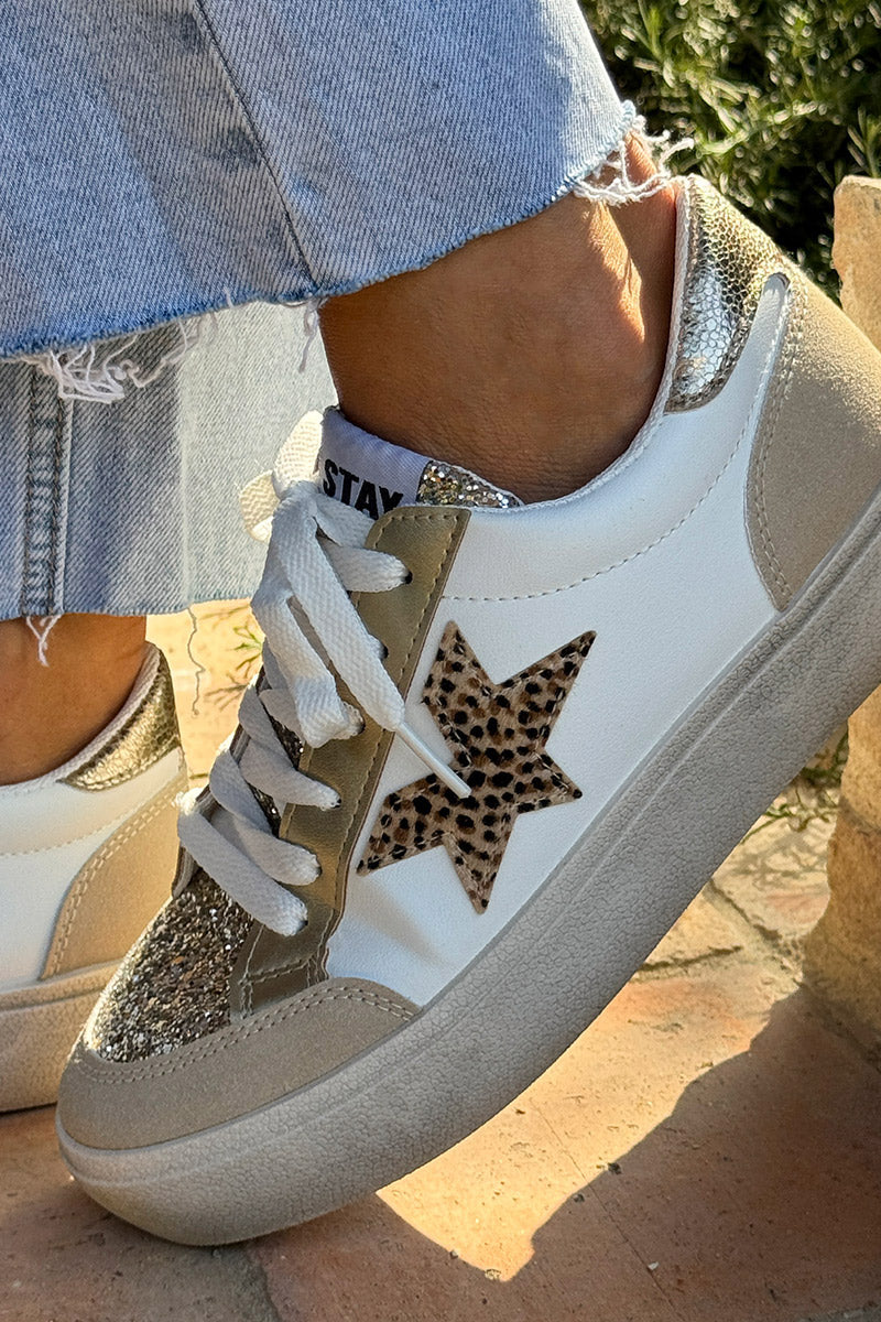 White Leopard Star Glitter Sneakers
