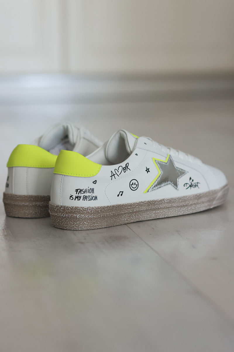 White Gold Star and Graffiti Sneakers with Neon Yellow Accent