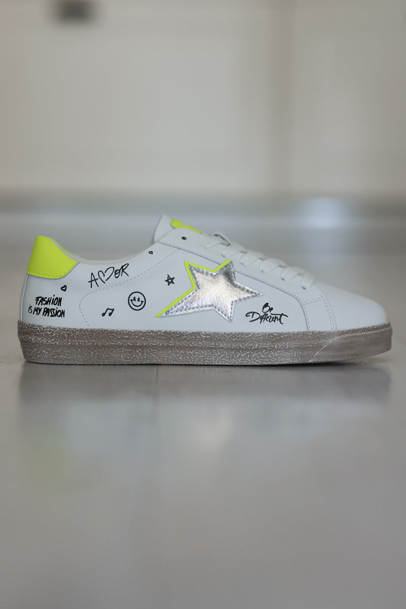 White Gold Star and Graffiti Sneakers with Neon Yellow Accent