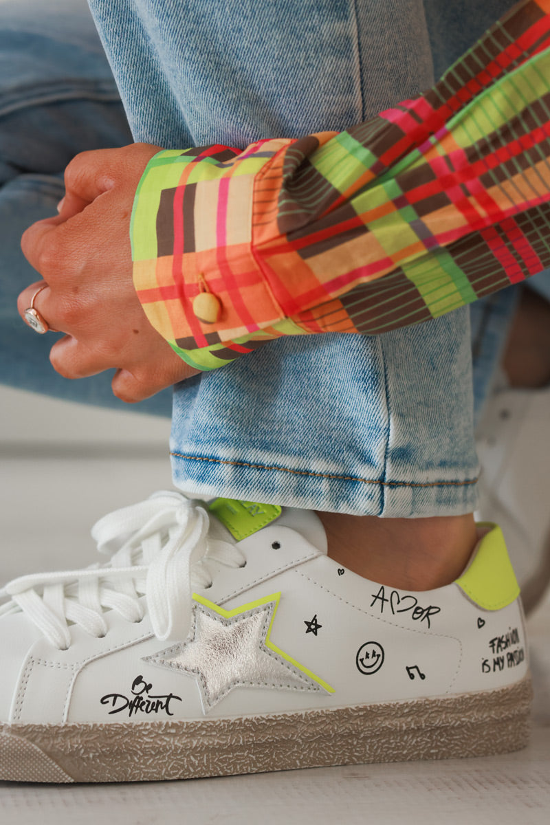 White Gold Star and Graffiti Sneakers with Neon Yellow Accent